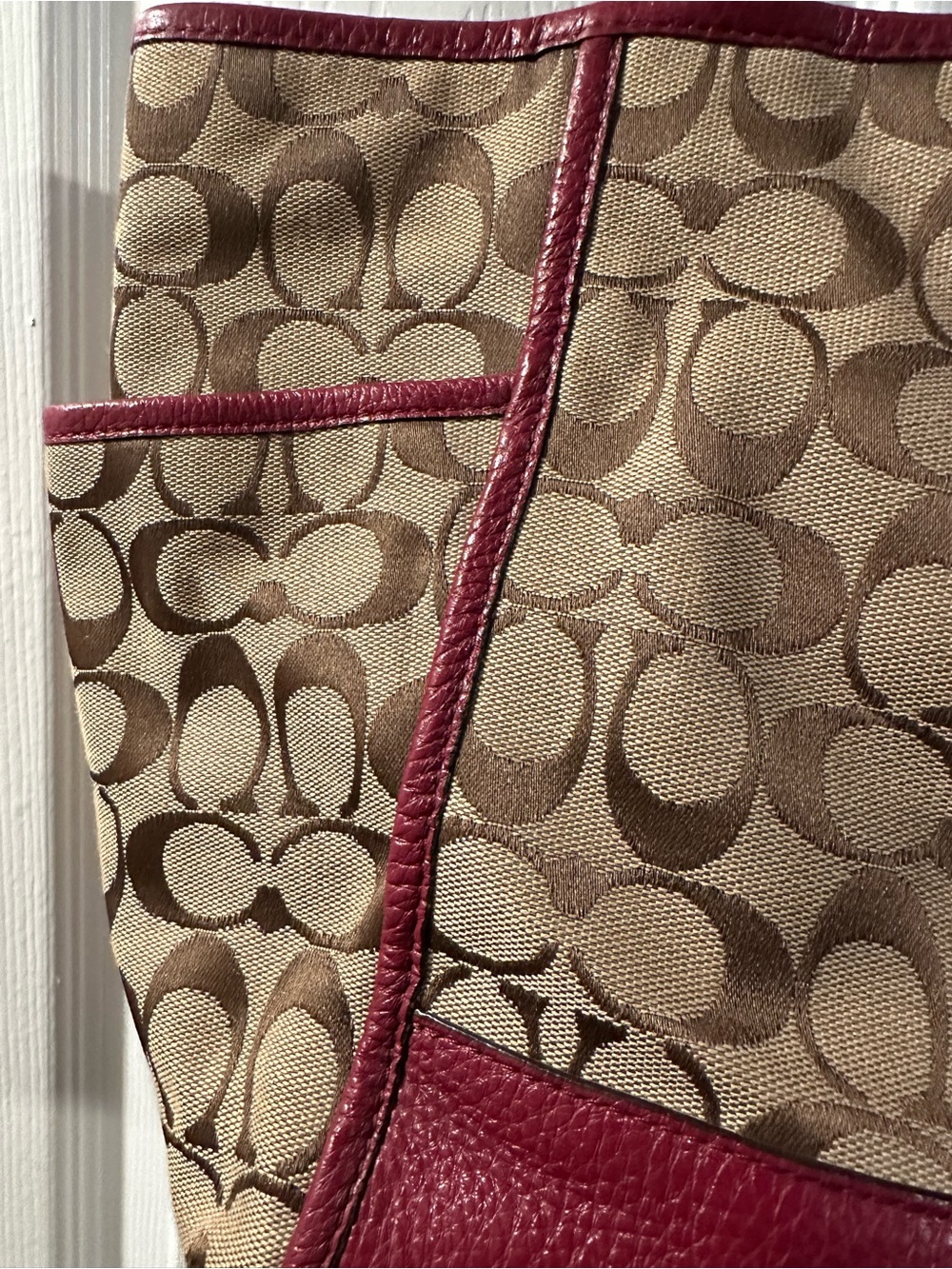 Coach Tan Signature Carrie Tote with Burgundy Leather Trim and Wallet - Picture 3 of 16